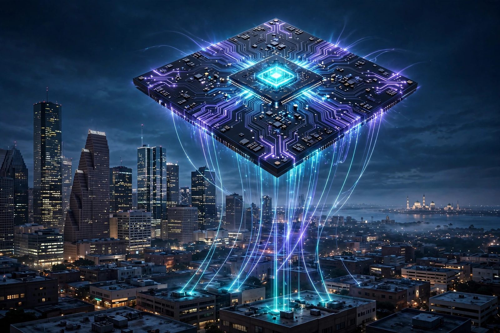 A glowing AI processor chip with light trails reaching a dusk skyline of Houston and the Gulf