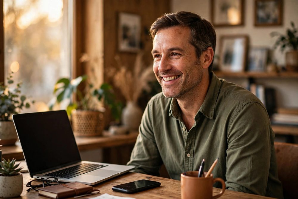 A small business owner working at a laptop in a warm, modern office